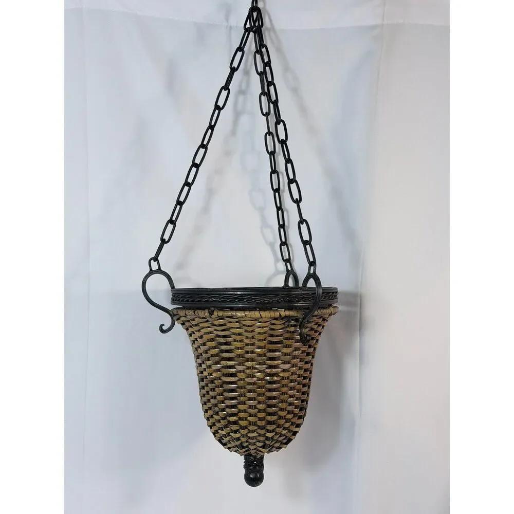 VTG Rattan Metal Bell Shaped Hanging Planter Woven Brown Embellished Decor